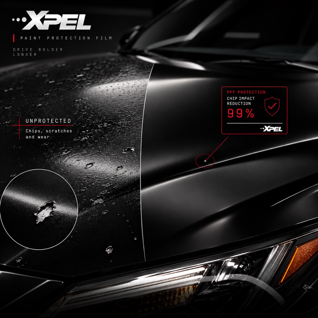 Unprotected paint with chips and scratches on the left, the same panel under XPEL paint protection film on the right