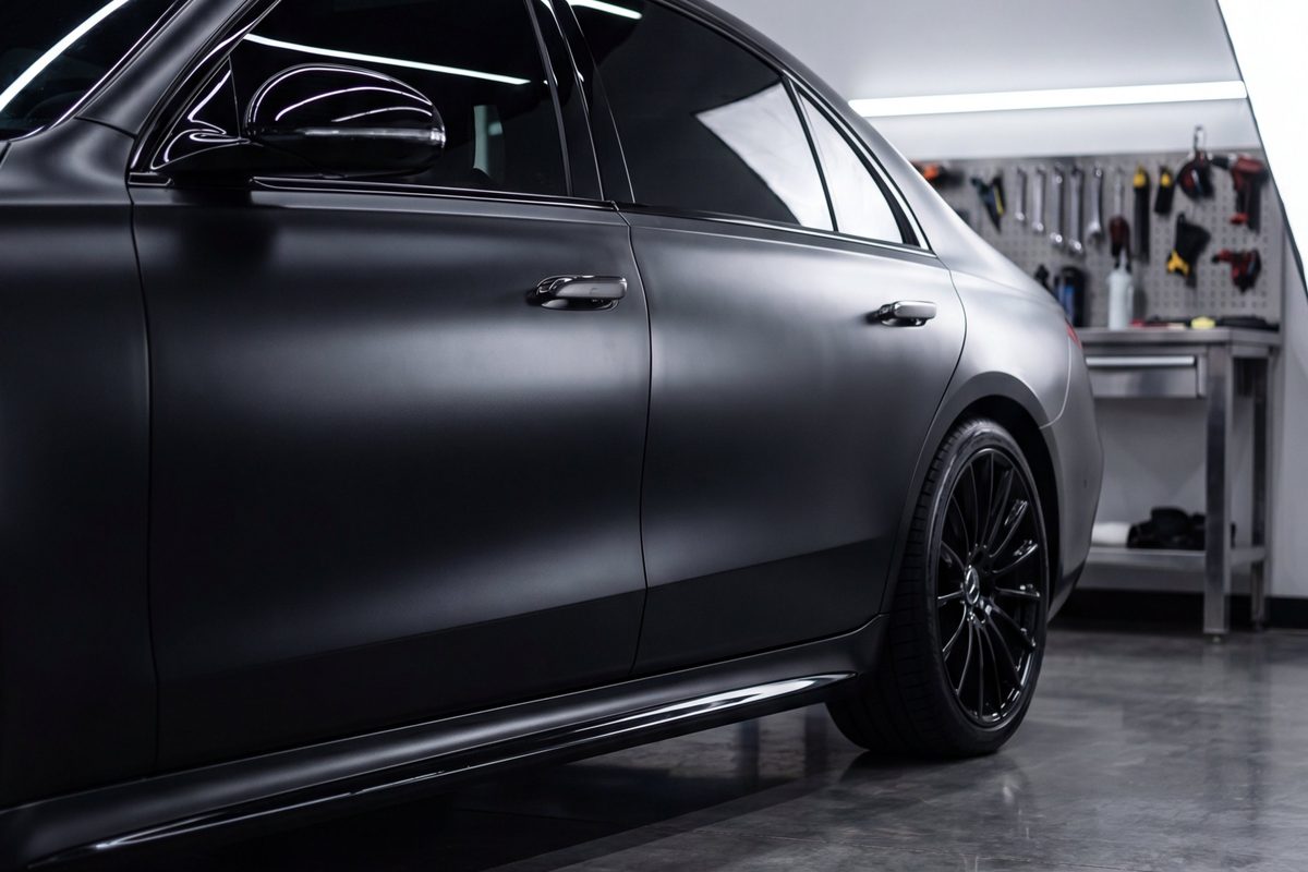 Satin black sedan in the Most Wanted studio in Santa Ana